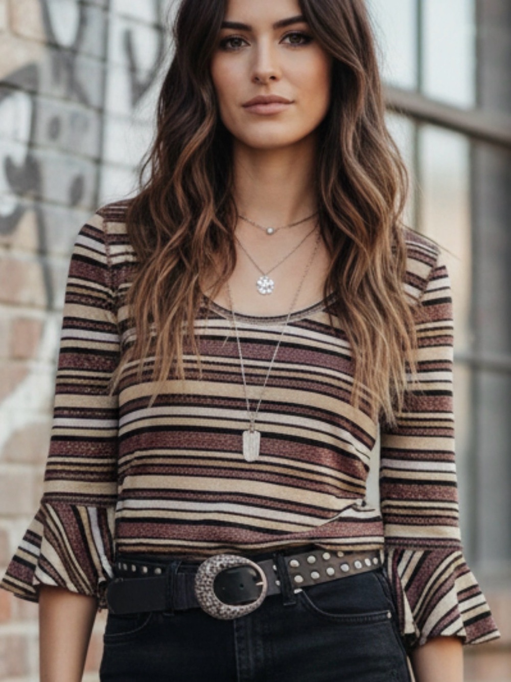 Free People Earth Tone Striped Scoop Neck Bell Sleeve Top Metallic Thread Small